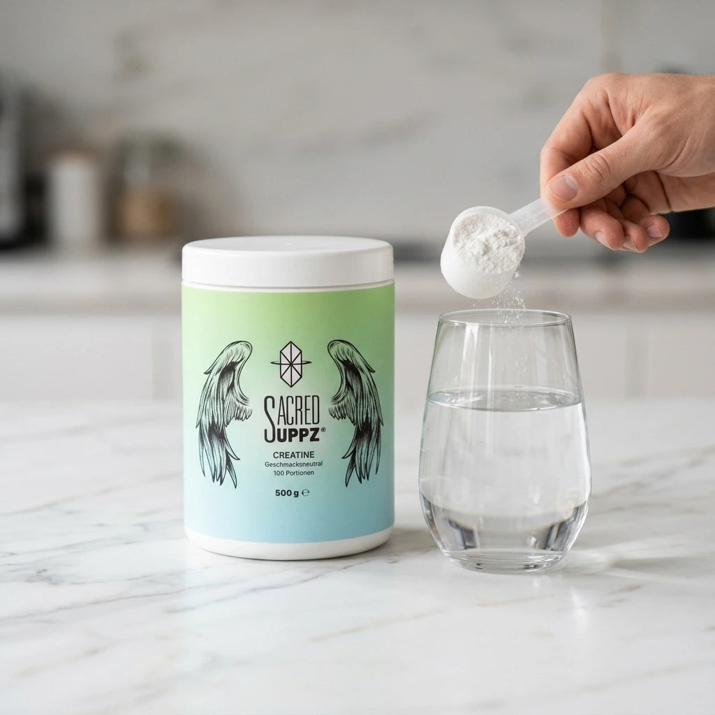 Sacred Suppz Kreatin Monohydrat Dose auf weißem Marmor, Hand schüttet Kreatin Pulver aus einem Messlöffel in ein Glas Wasser