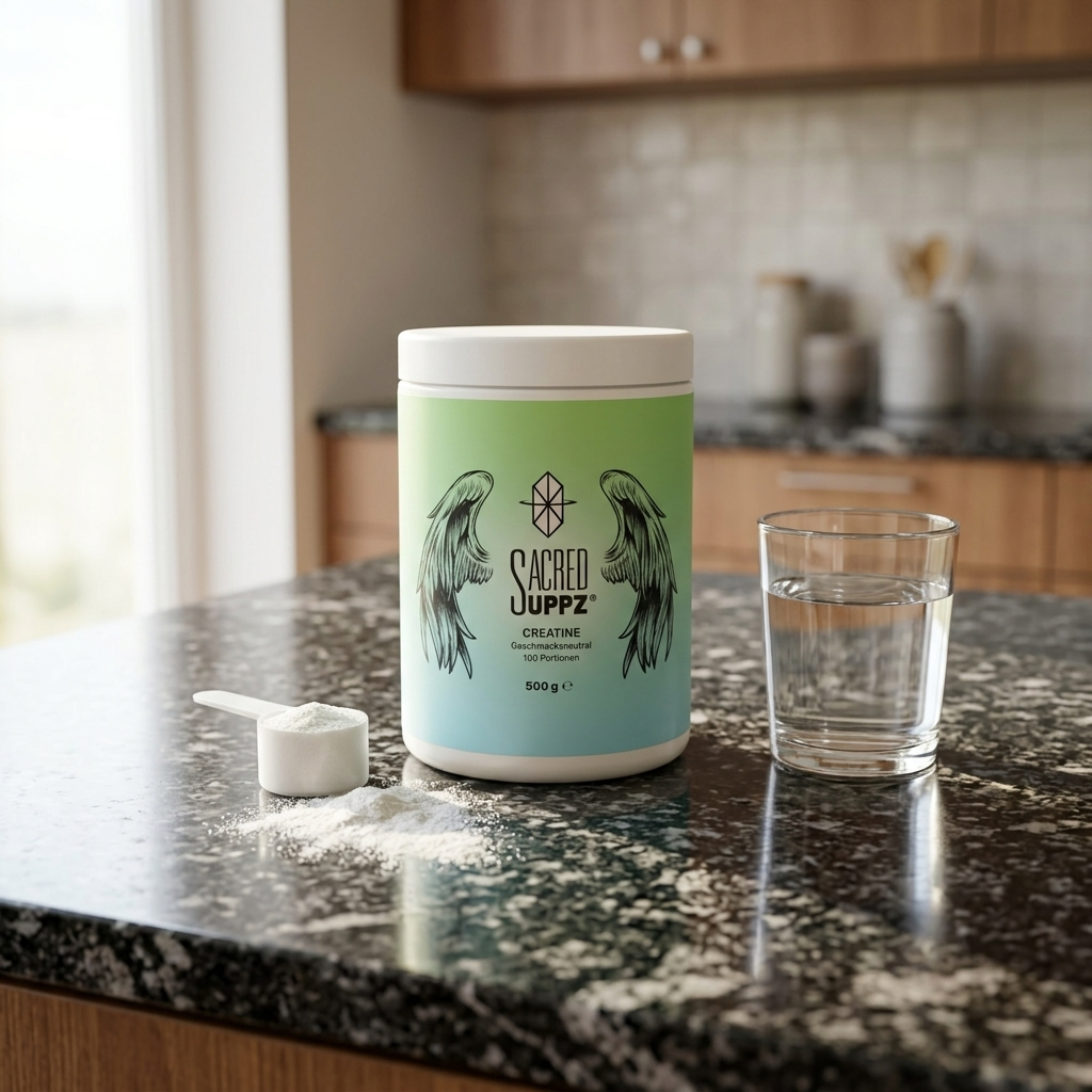 Sacred Suppz Creatine Monohydrat 500g Dose mit Messbecher und Wasserglas auf dunkler Granit-Küche